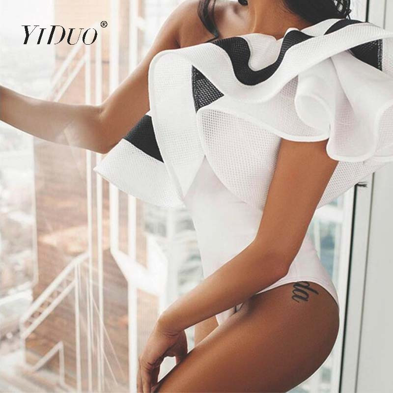 YiDuo Roșu Negru Alb Sexy Volane Body Combinaison Femei Dungate Fitness Femei Toamna Salopete scurte Petrecere pe un umăr