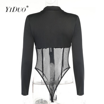 YiDuo Γυναικεία συνονθύλευμα με βαθύ λαιμόκοψη V-λαιμόκοψη Σέξι μακρυμάνικο διχτυωτό μαύρα φορμάκια με κούφιο κορσέ Top Bodycon Club Jumpsuit Streetwear