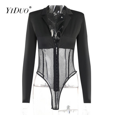 YiDuo Body pentru femei, cu decolteu în V adânc, patchwork, cu mânecă lungă, din plasă, negre