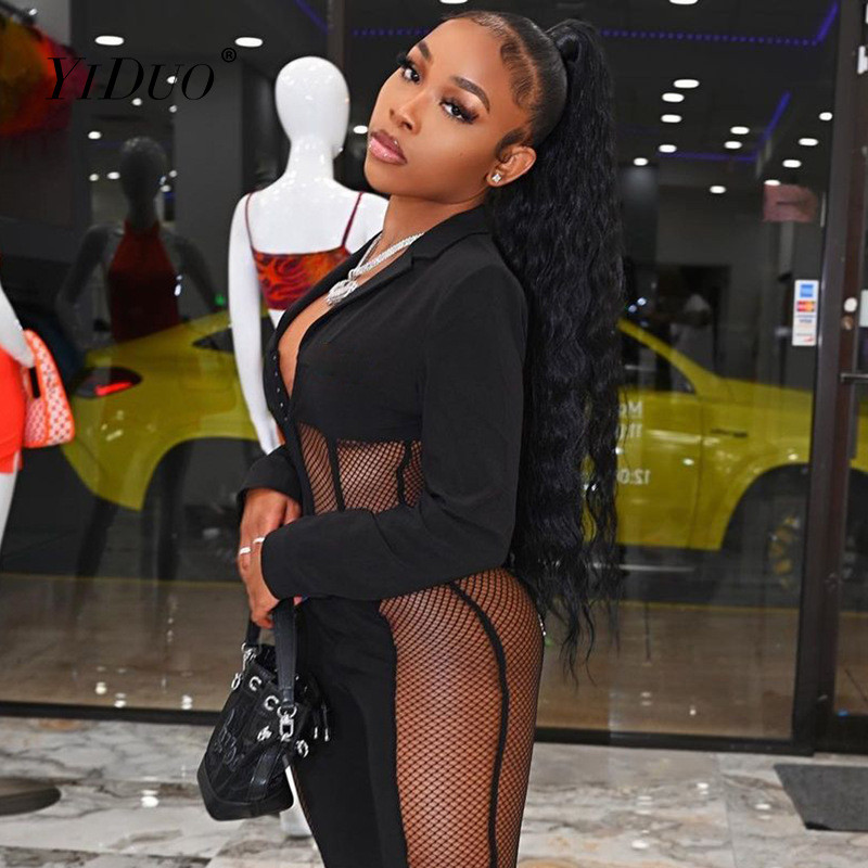 YiDuo Body pentru femei, cu decolteu în V adânc, patchwork, cu mânecă lungă, din plasă, negre