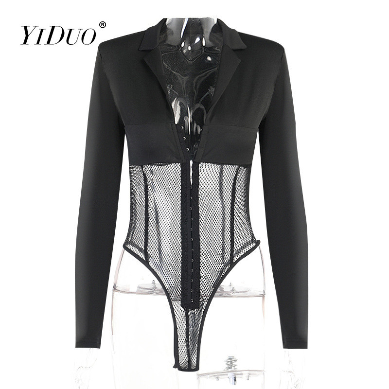 YiDuo Body pentru femei, cu decolteu în V adânc, patchwork, cu mânecă lungă, din plasă, negre