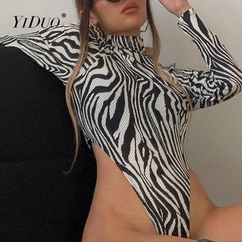 YiDuo 2022 Νέο μακρυμάνικο ζιβάγκο, ψηλόμεσο κορμάκι, σέξι γυναικείο εμπριμέ ζέβρα, δικτυωτό κορμάκι Streetwear One Piece Jumpsuit