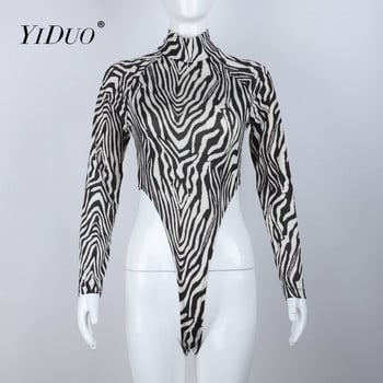 YiDuo 2022 Нова водолазка с дълги ръкави и висока талия Bodycon Top Секси дамски мрежест боди с принт на зебра Уличен гащеризон от една част