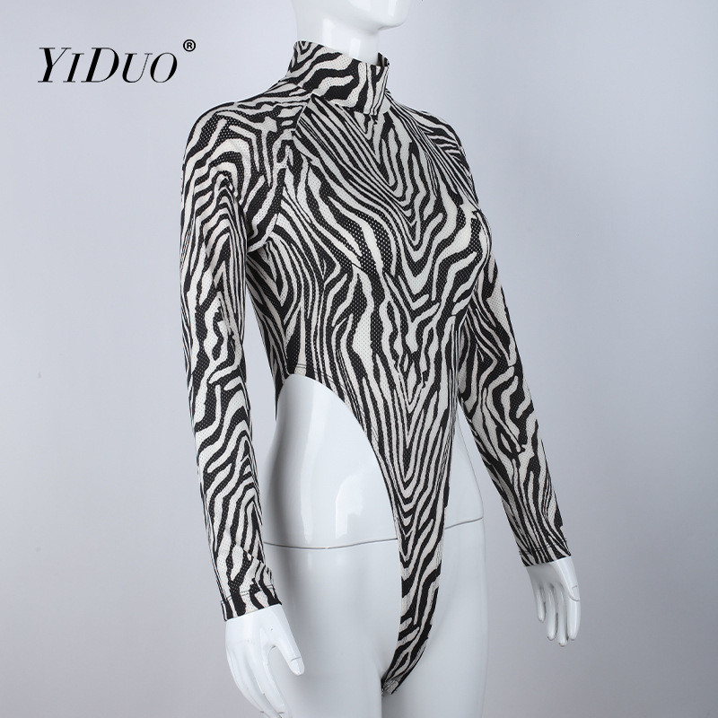 YiDuo 2022 Νέο μακρυμάνικο ζιβάγκο, ψηλόμεσο κορμάκι, σέξι γυναικείο εμπριμέ ζέβρα, δικτυωτό κορμάκι Streetwear One Piece Jumpsuit