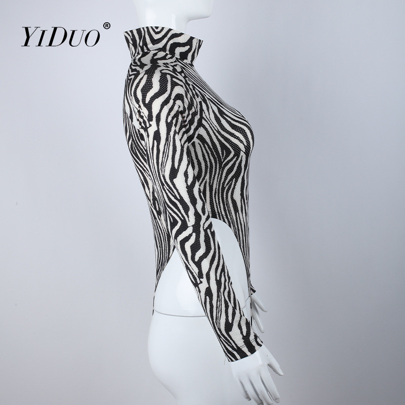 YiDuo 2022 Νέο μακρυμάνικο ζιβάγκο, ψηλόμεσο κορμάκι, σέξι γυναικείο εμπριμέ ζέβρα, δικτυωτό κορμάκι Streetwear One Piece Jumpsuit