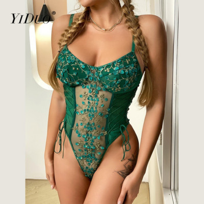 YiDuo bodi s cvjetnim vezom, ženski bodi s vezanjem i zavojima, seksi objedinjač, prozirno donje rublje, mrežasti bodi, gornji mačji kostim 2022.