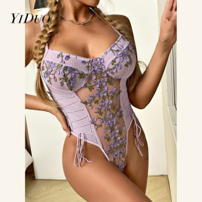 YiDuo bodi s cvjetnim vezom, ženski bodi s vezanjem i zavojima, seksi objedinjač, prozirno donje rublje, mrežasti bodi, gornji mačji kostim 2022.