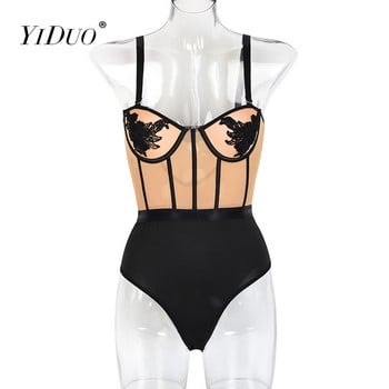 YiDuo Γυναικείο λουράκι σπαγγέτι See Through Mesh Body Top συνονθύλευμα σέξι φλοράλ κέντημα Skinny κορμάκια Club Bodycon Jumpsuit