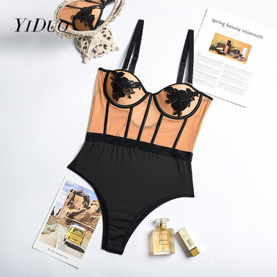 YiDuo - Curea spaghetti pentru femei, top cu plasă transparentă, mozaic, sexy, broderie florală, body skinny, salopetă bodycon de club