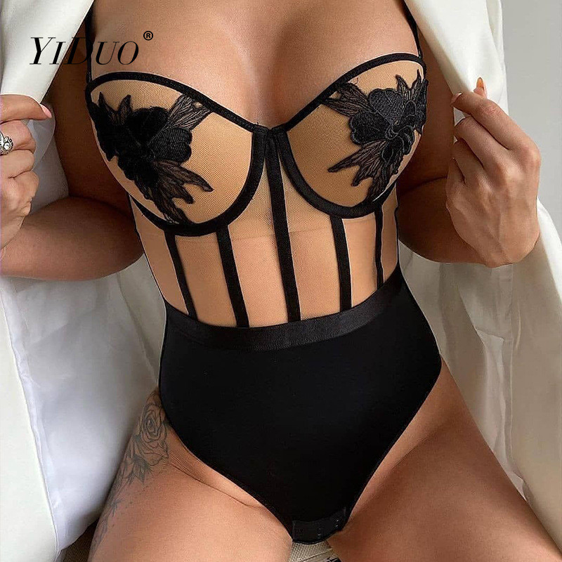 YiDuo - Curea spaghetti pentru femei, top cu plasă transparentă, mozaic, sexy, broderie florală, body skinny, salopetă bodycon de club