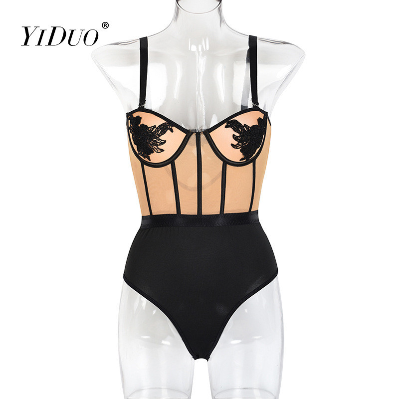 YiDuo - Curea spaghetti pentru femei, top cu plasă transparentă, mozaic, sexy, broderie florală, body skinny, salopetă bodycon de club