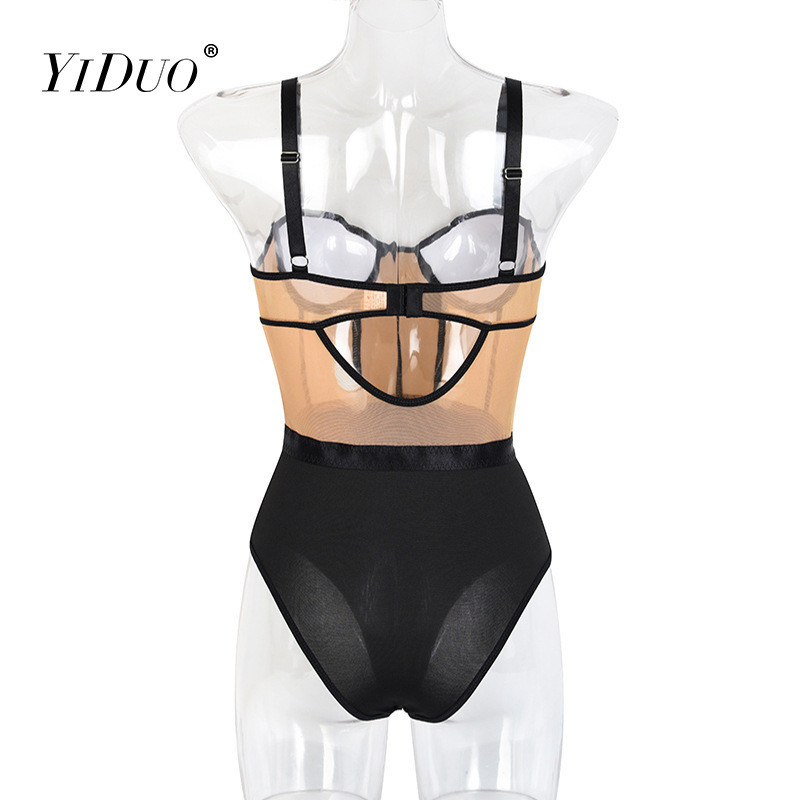 YiDuo - Curea spaghetti pentru femei, top cu plasă transparentă, mozaic, sexy, broderie florală, body skinny, salopetă bodycon de club