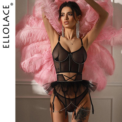 Ellolace Rhinestone Πολυτελή εσώρουχα με βολάν καλτσοδέτα Σέξι εσώρουχο που μπορεί να δει φανταχτερό διαφανές φετίχ δαντέλας στολή