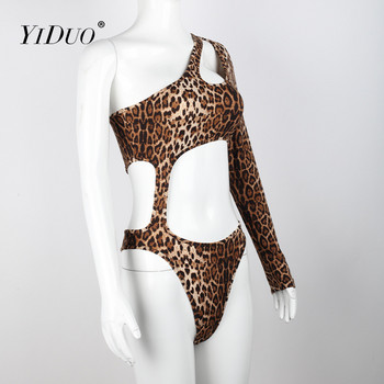 YiDuo Γυναικεία μακρυμάνικη λεοπάρ στάμπα ολόσωμη φόρμα σέξι streetwear ολόσωμη φόρμα με κοκαλιάρικο μπλουζάκι Fashion One Shoulder Hollow out φόρμες