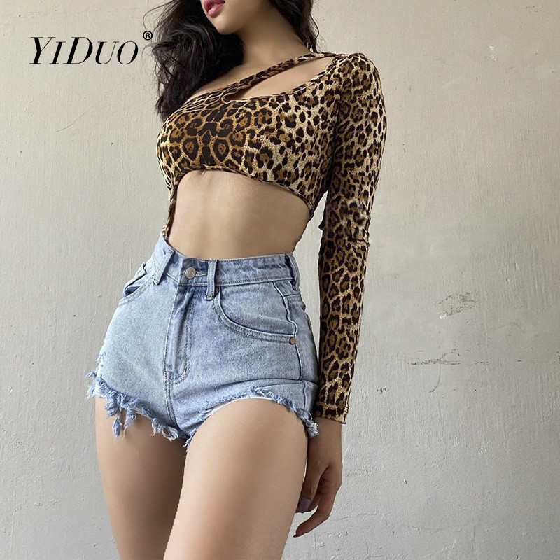 YiDuo Body pentru femei cu mânecă lungă cu imprimeu de leopard Salopete de stradă sexy Topuri subțiri la modă Salopete cu un singur umăr