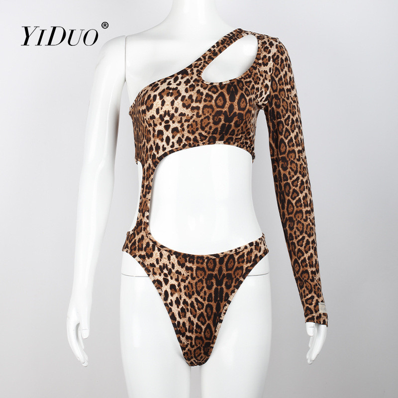 YiDuo Body pentru femei cu mânecă lungă cu imprimeu de leopard Salopete de stradă sexy Topuri subțiri la modă Salopete cu un singur umăr