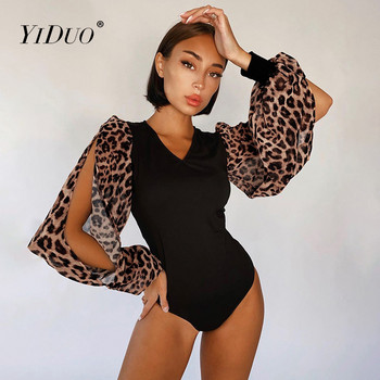 YiDuo 2021 Леопардов принт с дълъг ръкав и V-образно деколте Секси боди с боди лято Дамско модно улично облекло Еластичен черен гащеризон