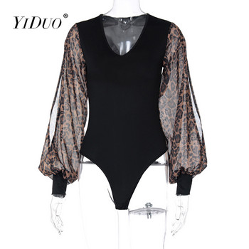 YiDuo 2021 Leopard print Μακρυμάνικο V-λαιμόκοψη Σέξι κορμάκι Καλοκαιρινό γυναικείο φορμάκι Μόδα Streetwear Stretch Μαύρο Romper