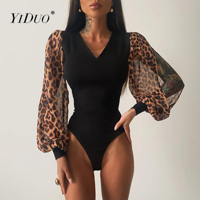 YiDuo 2021. Leopard print dugih rukava s V-izrezom, seksi bodi uz kros Ljetna ženska modna ulična odjeća Rastezljive crne štrample