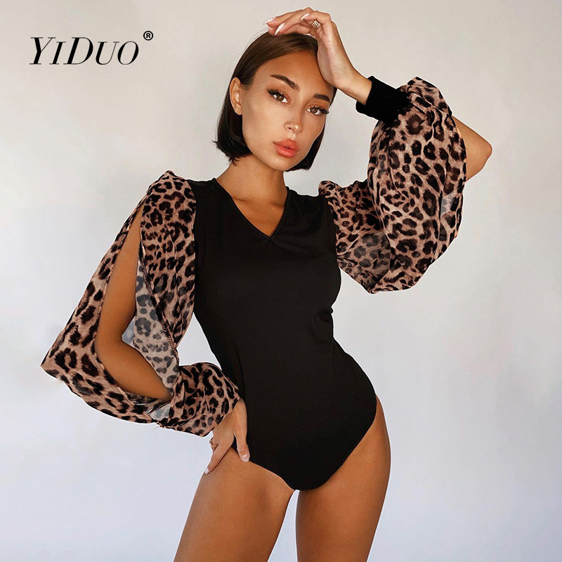 YiDuo 2021. Leopard print dugih rukava s V-izrezom, seksi bodi uz kros Ljetna ženska modna ulična odjeća Rastezljive crne štrample