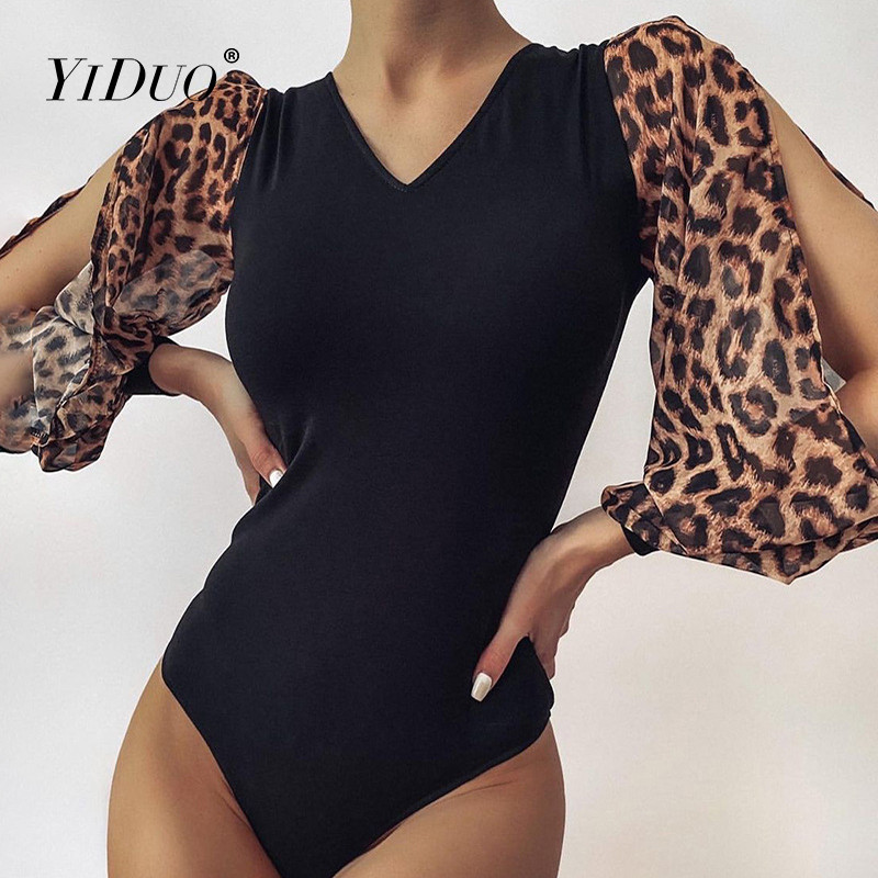 YiDuo 2021. Leopard print dugih rukava s V-izrezom, seksi bodi uz kros Ljetna ženska modna ulična odjeća Rastezljive crne štrample