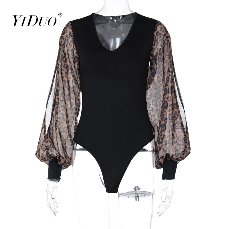 YiDuo 2021. Leopard print dugih rukava s V-izrezom, seksi bodi uz kros Ljetna ženska modna ulična odjeća Rastezljive crne štrample