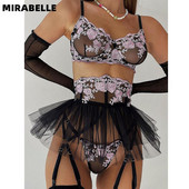 MIRABELLE Lenjerie fină pentru femei Lenjerie de corp din dantelă Tanga cu broderie Set de sutien floral, transparent, fantezie, cu jartieră, costum sexy