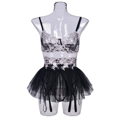 MIRABELLE Lenjerie fină pentru femei Lenjerie de corp din dantelă Tanga cu broderie Set de sutien floral, transparent, fantezie, cu jartieră, costum sexy