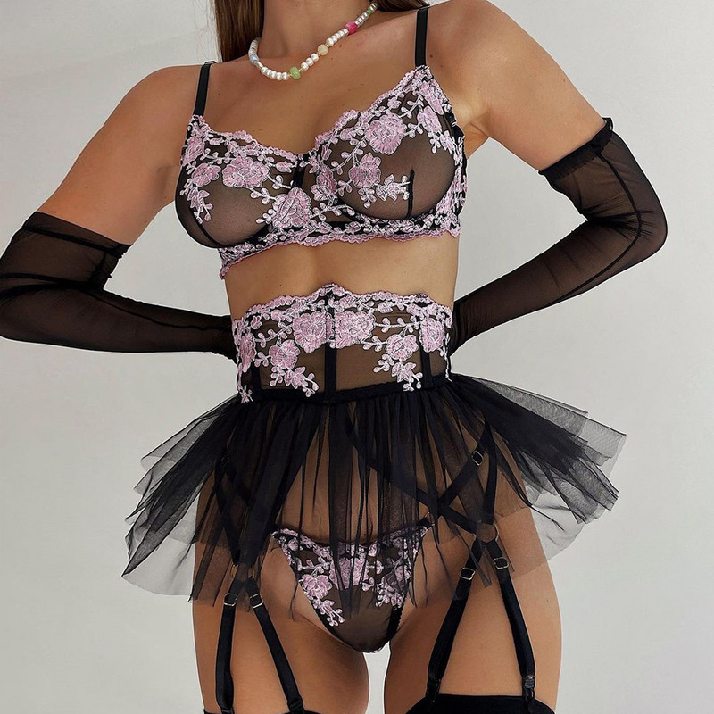 MIRABELLE Lenjerie fină pentru femei Lenjerie de corp din dantelă Tanga cu broderie Set de sutien floral, transparent, fantezie, cu jartieră, costum sexy