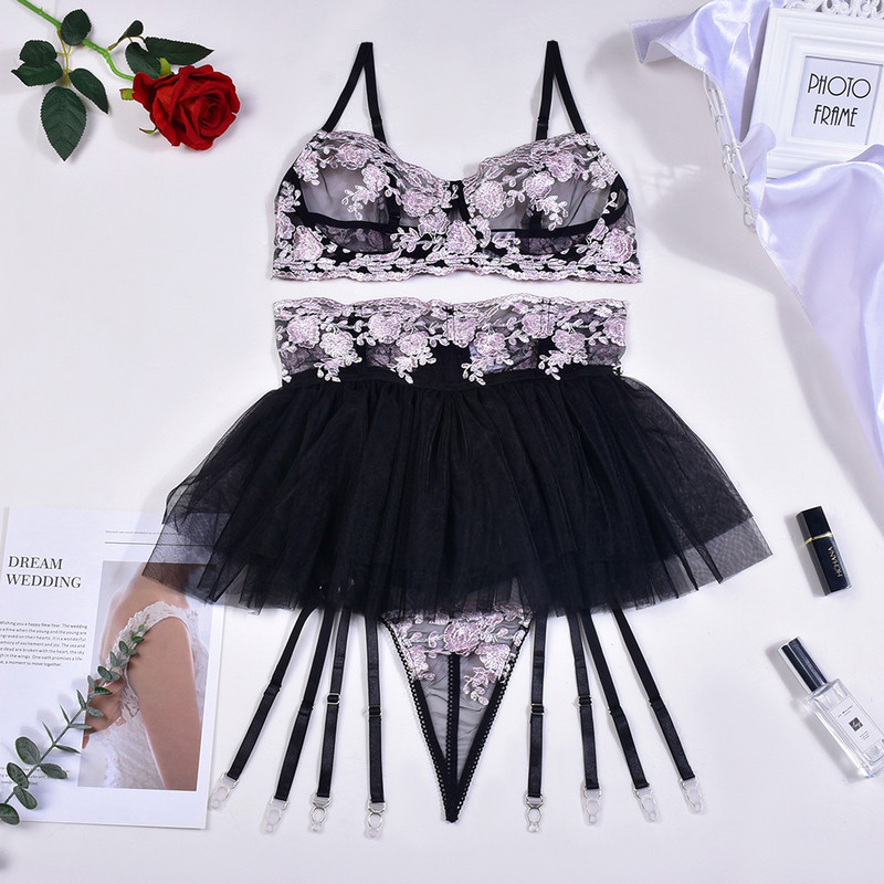 MIRABELLE Lenjerie fină pentru femei Lenjerie de corp din dantelă Tanga cu broderie Set de sutien floral, transparent, fantezie, cu jartieră, costum sexy