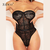 Body YiDuo pentru femei, dantelă, fără bretele, salopete florale, subțire, bodycon, costum dintr-o bucată, 2022, negru, top club