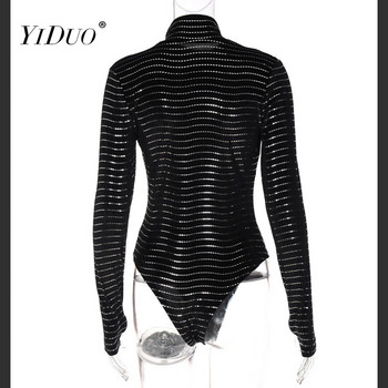 YiDuo Shine Bling Sequin μακρυμάνικο ζιβάγκο Slim σέξι ολόσωμη φόρμα 2022 Άνοιξη Women Party Club Body Tops Μαύρα βελούδινα κορμάκια