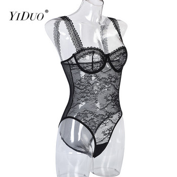 YiDuo V-λαιμόκοψη Μαύρο κορμάκι με δαντέλα Γυναικεία σέξι φόρμα με φόρμα, αμάνικη φόρμα κορμάκι Mujer Underwire ολόσωμη φόρμα