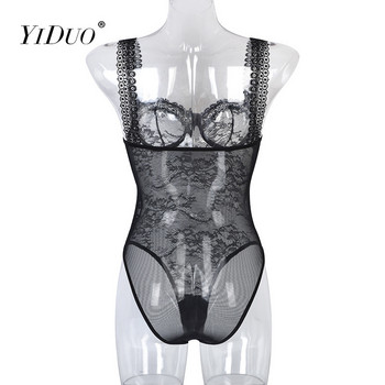 YiDuo V-λαιμόκοψη Μαύρο κορμάκι με δαντέλα Γυναικεία σέξι φόρμα με φόρμα, αμάνικη φόρμα κορμάκι Mujer Underwire ολόσωμη φόρμα