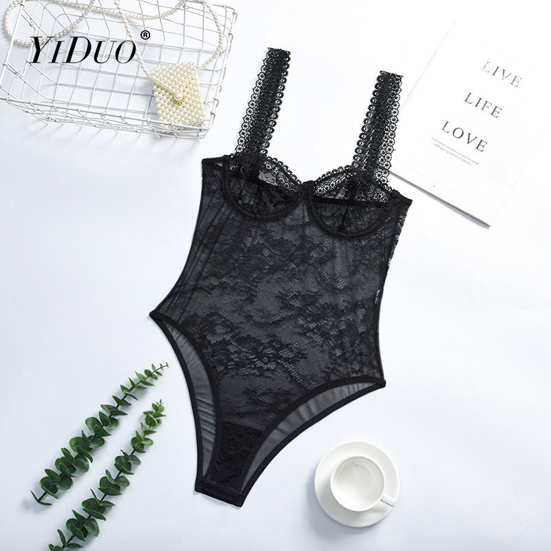YiDuo Body cu decolteu în V din dantelă neagră pentru femei, sexy, bodycon, salopete transparente, top fără mâneci, body cu sârmă pentru mujer.