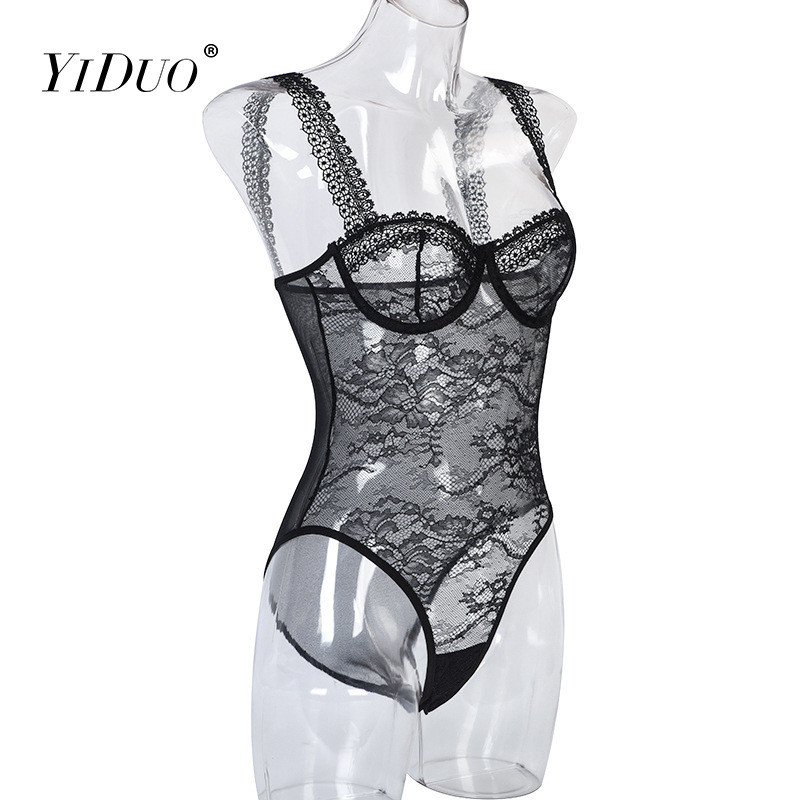 YiDuo Body cu decolteu în V din dantelă neagră pentru femei, sexy, bodycon, salopete transparente, top fără mâneci, body cu sârmă pentru mujer.