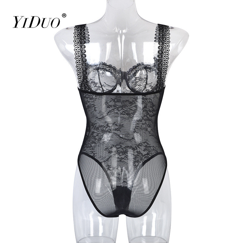YiDuo Body cu decolteu în V din dantelă neagră pentru femei, sexy, bodycon, salopete transparente, top fără mâneci, body cu sârmă pentru mujer.