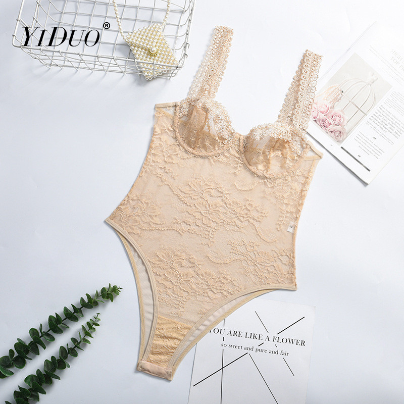 YiDuo Body cu decolteu în V din dantelă neagră pentru femei, sexy, bodycon, salopete transparente, top fără mâneci, body cu sârmă pentru mujer.