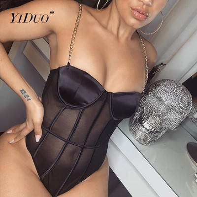 Body transparent YiDuo din plasă neagră, cu bretele cu lanț de metal, body fără spate, salopetă sexy, bodycon, petrecere în club, alb, roz