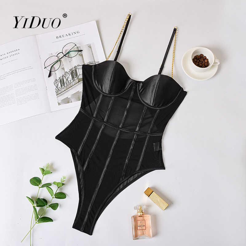 Body transparent YiDuo din plasă neagră, cu bretele cu lanț de metal, body fără spate, salopetă sexy, bodycon, petrecere în club, alb, roz