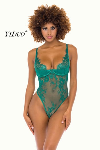 YiDuo Γυναικεία Underwire Σέξι πράσινη κορμάκι με δαντέλα με λουλουδάτο αμάνικο φόρμα κορμάκι See Through Female Club Party Body Top