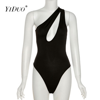 YiDuo Черно бяло боди с едно рамо Дамски изрязани тесни бодита 2022 Летни дамски секси гащеризони по тялото Плажни топове Femme