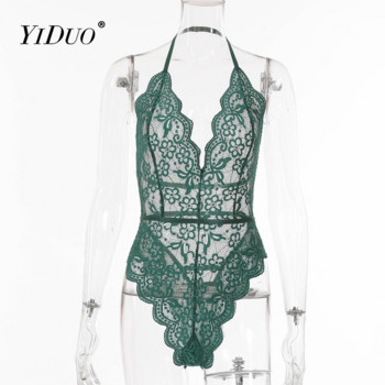 YiDuo Секси боди Дамско дантелено дълбоко V-образно деколте Bodycon Halter Transparent Mesh Slim Bodysuit Summer Body Top Streetwear