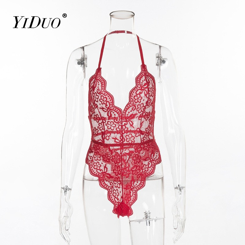 Body sexy YiDuo pentru femei, dantelă, cu decolteu în V adânc, bodycon, cu ochiuri transparente, subțire, fără spate, top de vară, îmbrăcăminte de stradă