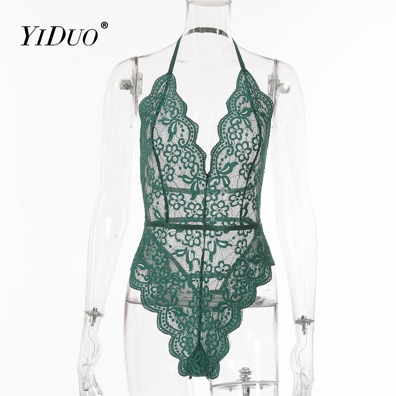 Body sexy YiDuo pentru femei, dantelă, cu decolteu în V adânc, bodycon, cu ochiuri transparente, subțire, fără spate, top de vară, îmbrăcăminte de stradă