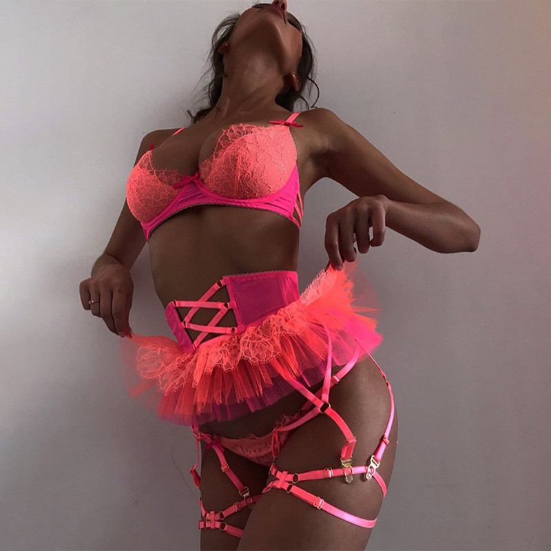 Yimunancy Set erotic din dantelă de culoare contrastantă pentru femei, 4 piese din plasă, mozaic, rochie de bal de lux, set de lenjerie sexy, set de jartieră scurtă