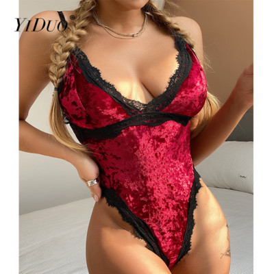 YiDuo Sexy Velvet Bodysuit Moteriškas, nėriniuotas, viršutinis bevielis plonas V formos iškirptės kombinezonas be rankovių raudonas kombinezonas