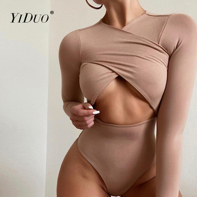 YiDuo Body cu mânecă lungă încrucișată pentru femei, subțire, cu talie înaltă, sexy, elastică, elastică, bodycon, toamnă, iarnă, topuri la modă