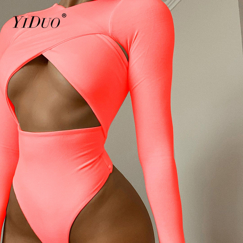 YiDuo Body cu mânecă lungă încrucișată pentru femei, subțire, cu talie înaltă, sexy, elastică, elastică, bodycon, toamnă, iarnă, topuri la modă