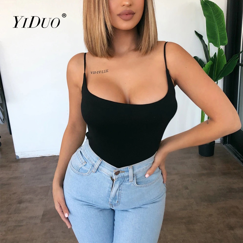 YiDuo, negru, slăbit, cu bretele spaghete, cu gât în U, pentru femei, salopete de plajă sexy, 2022, top de vară, body alb, îmbrăcăminte de stradă
